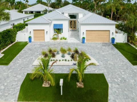 concrete paver driveway in running bond pattern