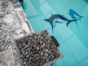 marble pool deck with pool details