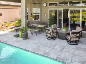 porcelain pavers pool deck in stacked bond pattern