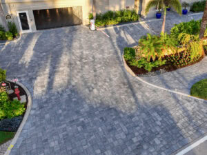 arial photo of concrete pavers driveway three piece random pattern