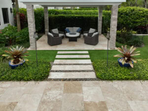 outdoor area under pergola with fire pit