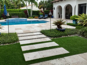 travertine walkway towards the pool