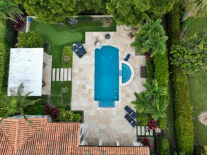aerial photo of a pool deck by accurate pavers