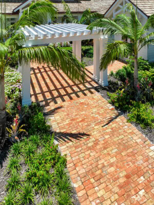 paved walkway with reclaimed pavers