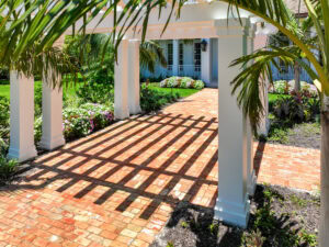 paved walkway with reclaimed pavers