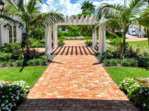 paved walkway with reclaimed pavers