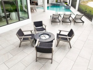 Outdoor seating around a fire pit - paved pool deck