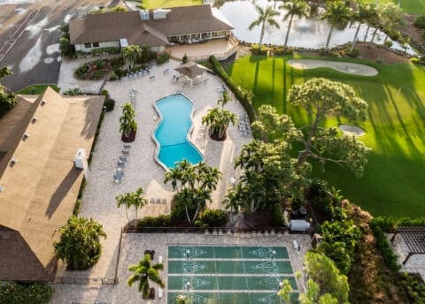 arial shot of a commercial paved pool deck