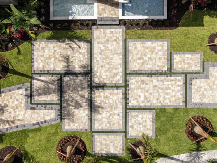 arial photograph of brick paver driveway by accurate pavers