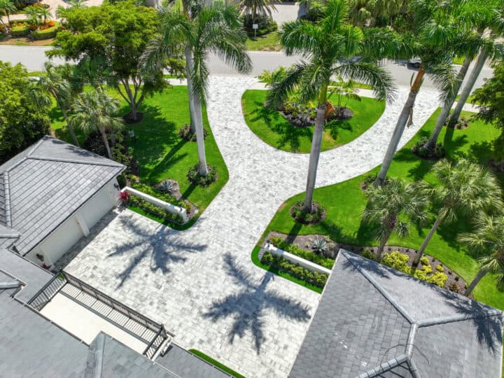 arial photograph of brick paver driveway project by accurate pavers
